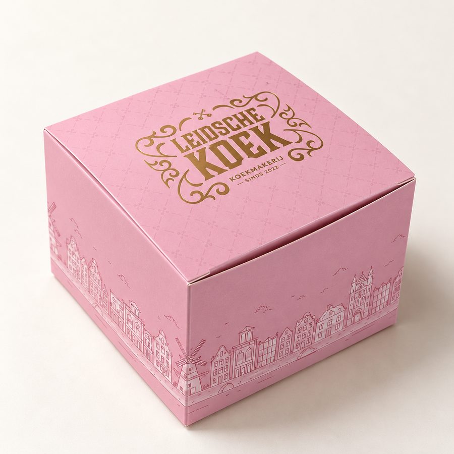 Roze kartonnen koekdoos van Leidsche Koek met gouden logo en de Leidse gevels