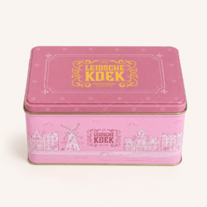 Koektrommel van Leidsche Koek, roze met gouden logo